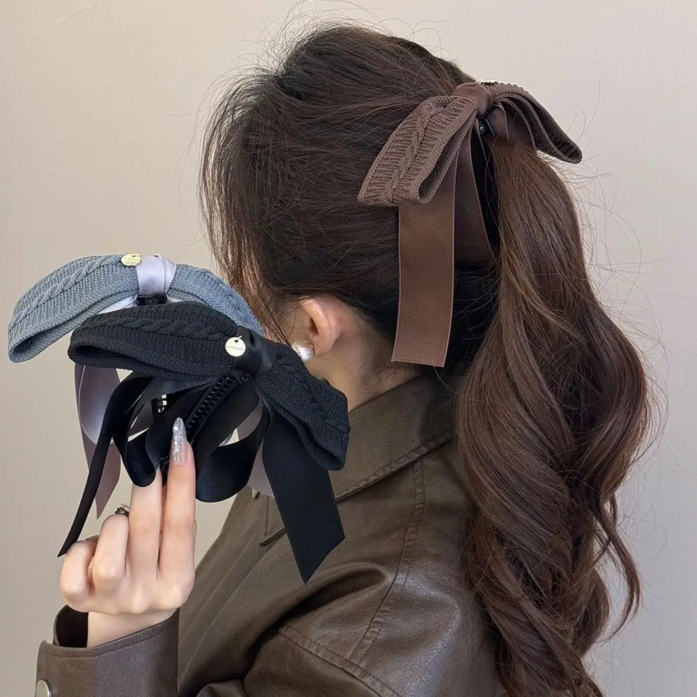 

Cute Non-Slip Knitted Bow Banana Clip Large Size Fabric Bowknot Ribbon Hair Clip Retro Headdress Hairpin Girl