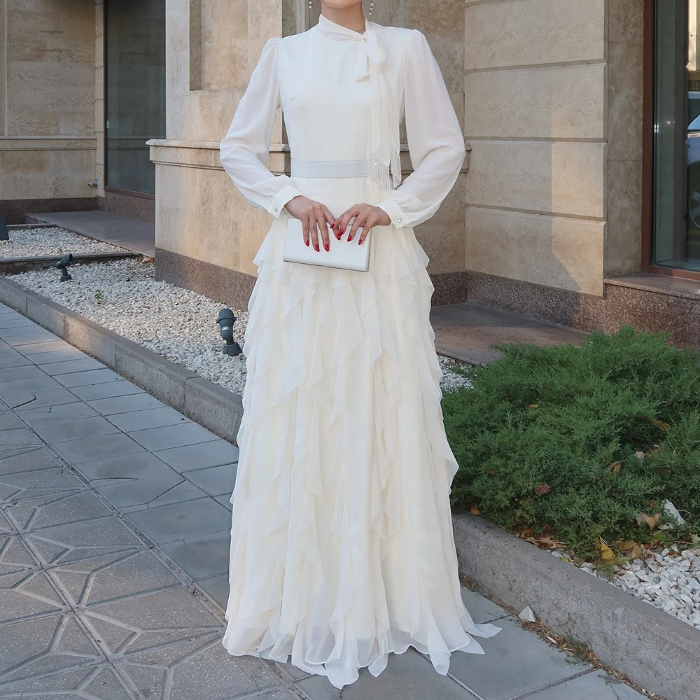 Gaun Malam A-line Kustom Gaun Prom Lengan Penuh Leher Tinggi Panjang Lantai Gaun Pesta Kasual Terbungkus Ruched Fashion Sederhana