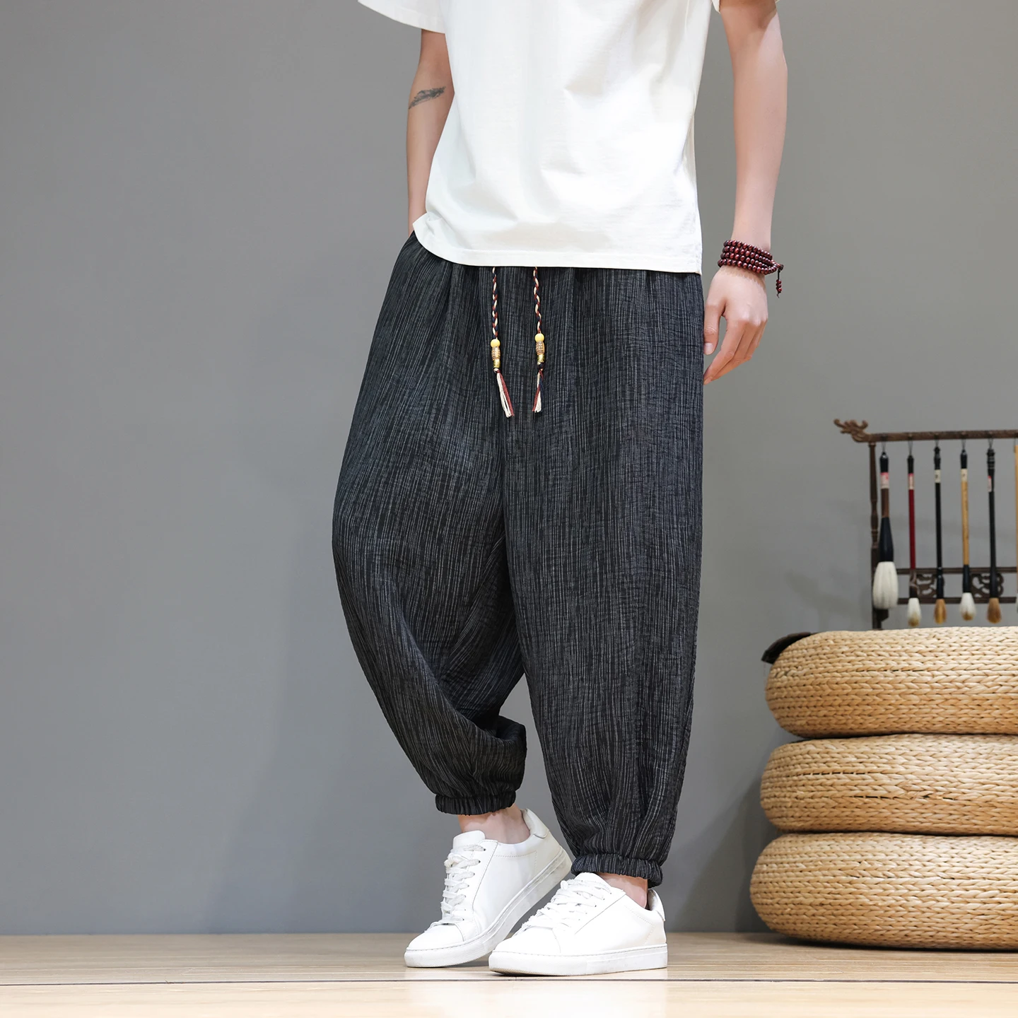 

Yamamoto Style Baggy Cargo Pants Man Traditional Wide Leg Pants 6XL Vintage Summer Ice Silk Breathable Bloomers Man Trousers