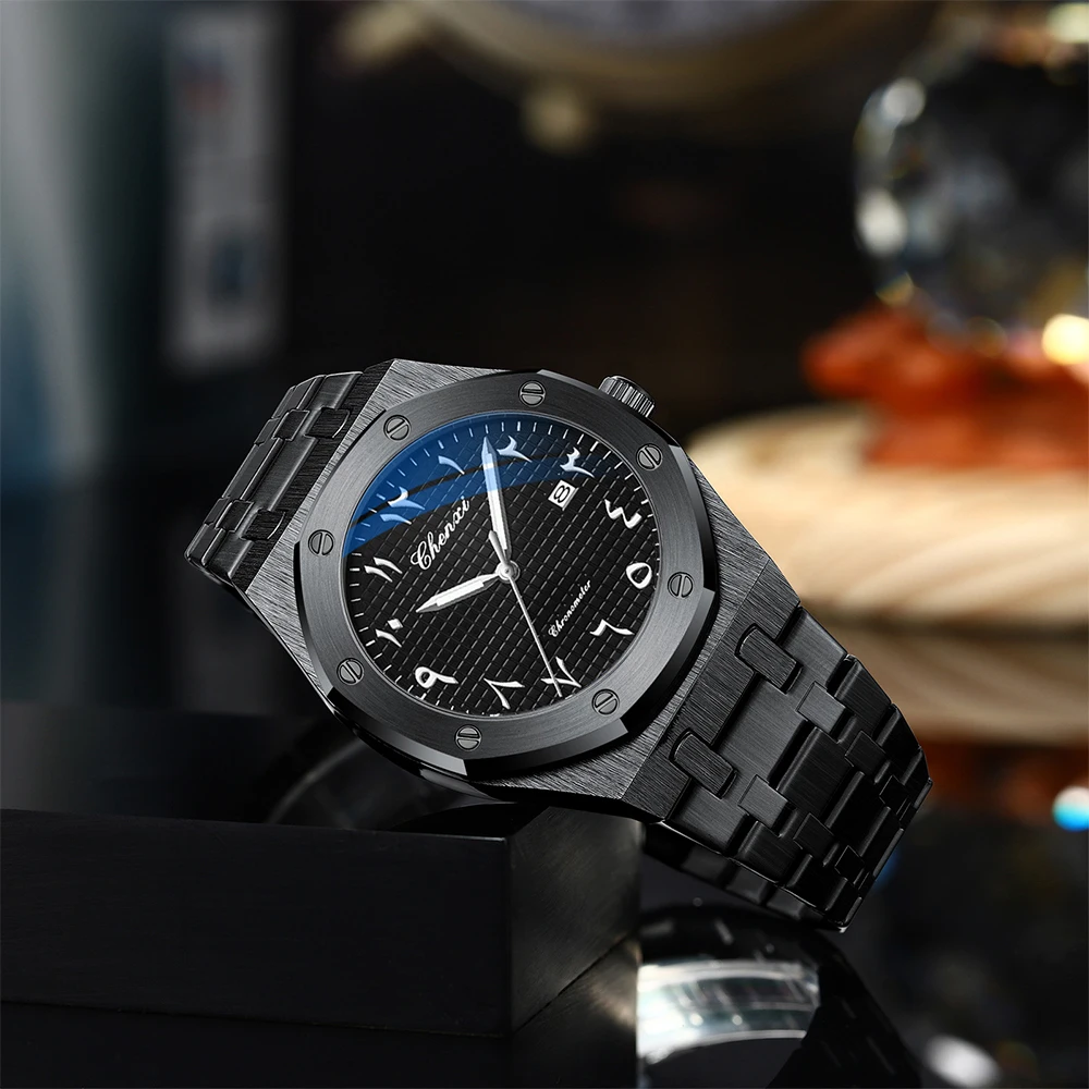 Chenxi relógio masculino luz noturna à prova d'água e calendário de tempo relógios para homens relógio de pulso de alto luxo algarismos árabes orientais