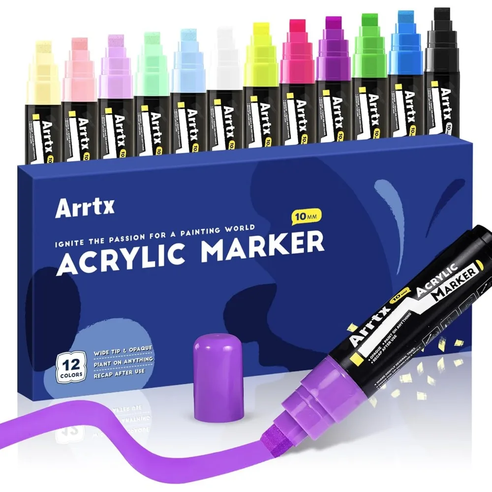 Arrtx Acrylic Jumbo Markers 10mm Broad Tips Acrylic Paint Pens for Stone Glass Wood and Fabric Painting-No Toxic No Odor