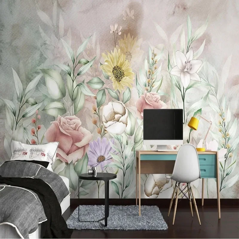 

Custom Mural Wallpaper 3D Idyllic Floral Watercolor Hand Painted Retro TV Sofa Background Wall Mural Papel De Parede Tapety