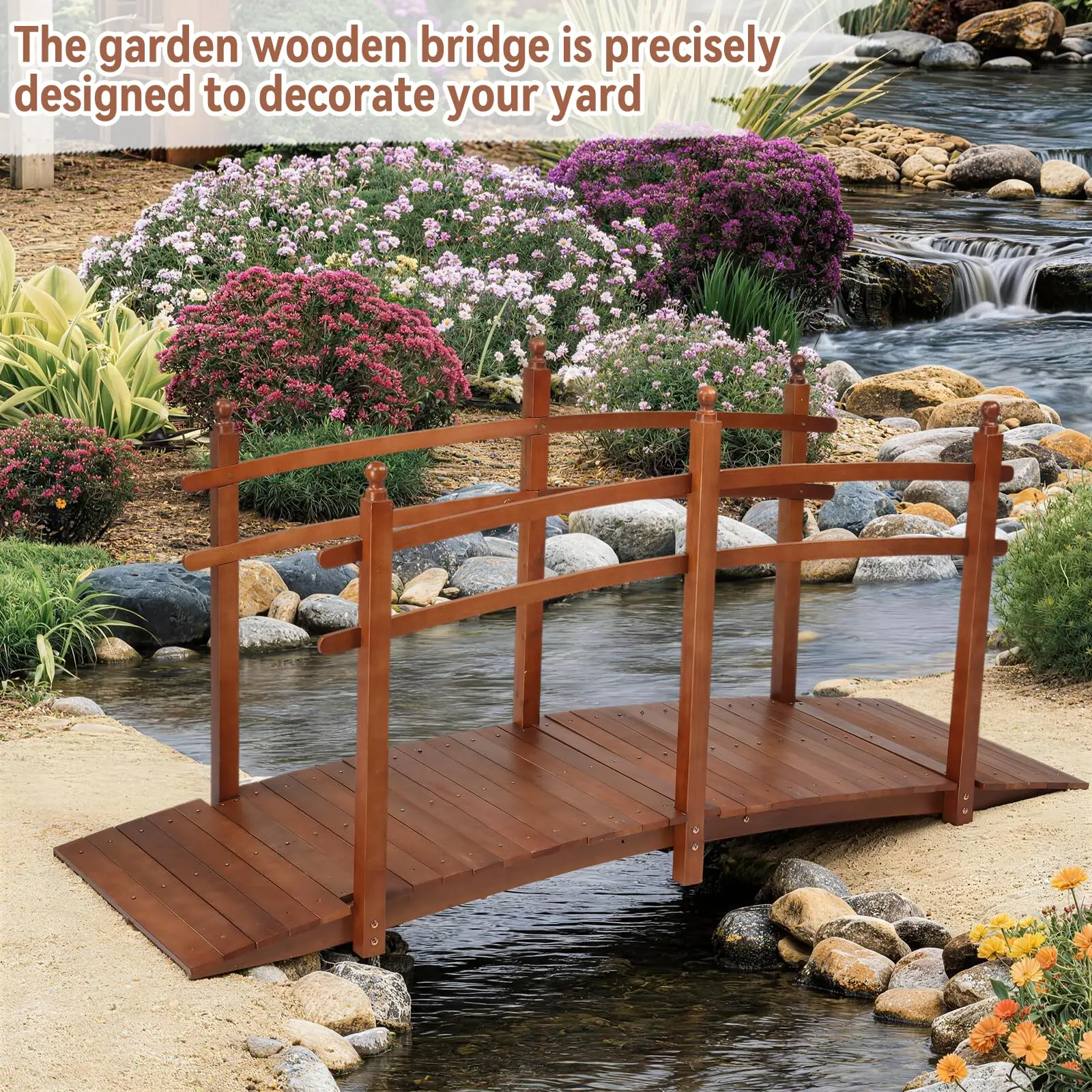 7.5Ft Stained Wooden Garden Bridge with Safety Rails