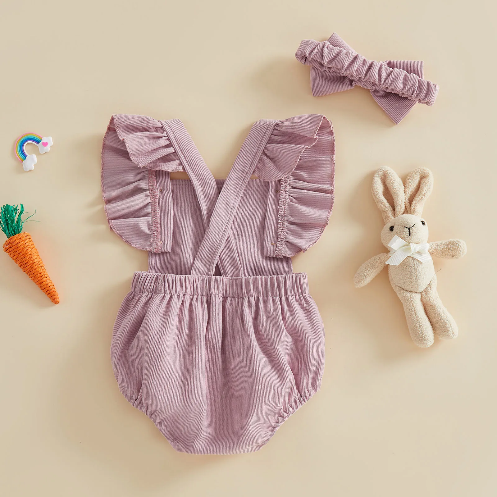 0-18M Newborn Infant Baby Girls Easter Romper Cute Fashionable Bunny Embroidery Flutter Sleeve Jumpsuit Outfits