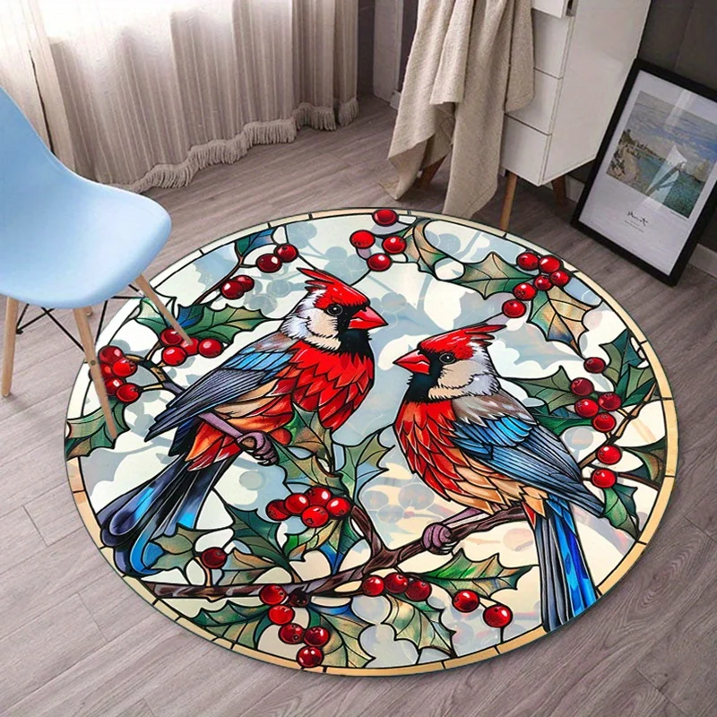 Cardinal Birds Holly Berries Round Rug Stained Glass Style Christmas Winter Decor Home Floor Mat Holiday Season Theme