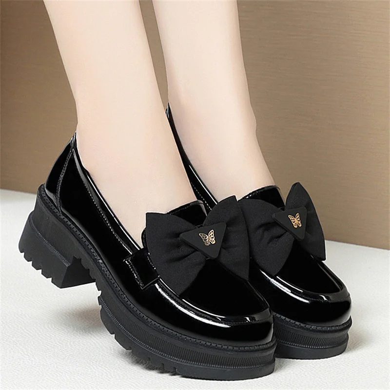 Spring Women British Style Shallow Patent Leather Black Loafers Thick Bottom Bow Platform Shoes 2024 Med Heels Single Pumps - AliExpress Spring Women British Style Shallow Patent Leather Black Loafers Thick Bottom Bow Platform Shoes 2024 Med Heels Single Pumps - AliExpress