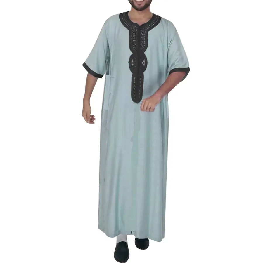 Robe brodée traditionnelle marocaine pour hommes, manches courtes, Thobe Jubba, Kandora, Dishdasha, robe islamique, Ramadan Abaya, 2024