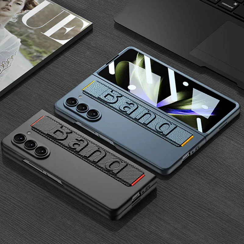 Original GKK Grip Case For Samsung Galaxy Z Fold 5 ZFold5 Stretch Wristband Band With Glass Film Protector Matte Hard PC Cover