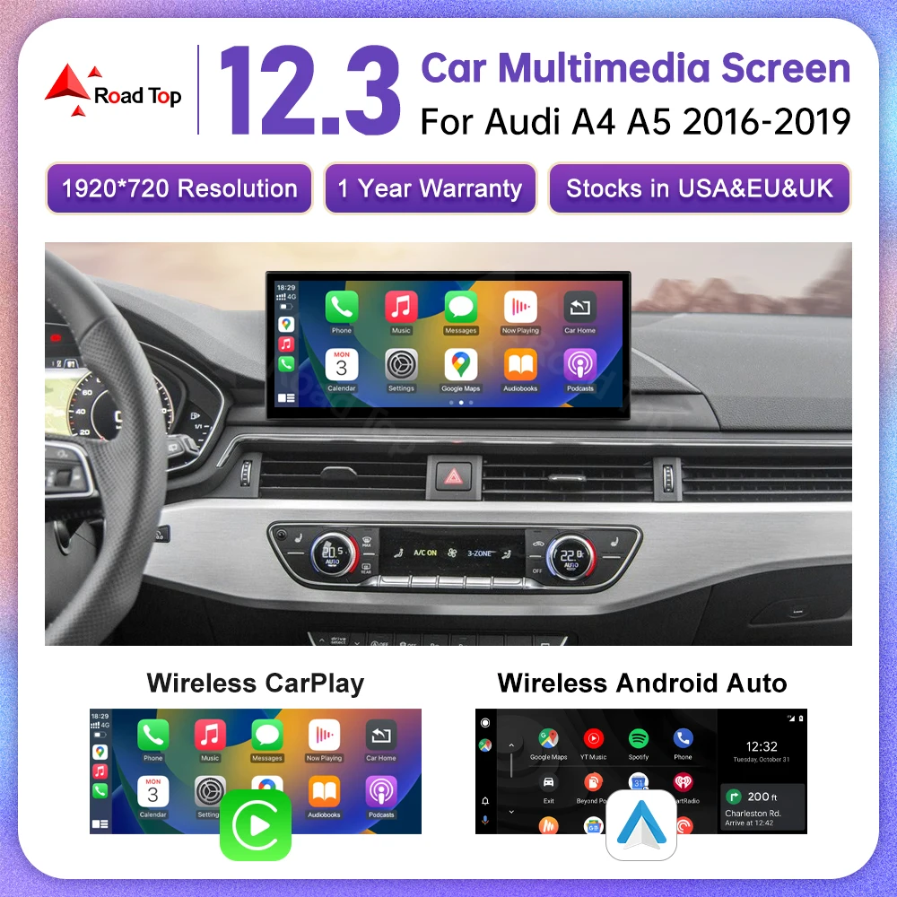 شاشة الوسائط المتعددة للسيارة CarPlay اللاسلكية لأودي A4 A5 2016-2019 أندرويد السيارات دعم Airplay كاميرا راديو GPS مشغل السيارة #4