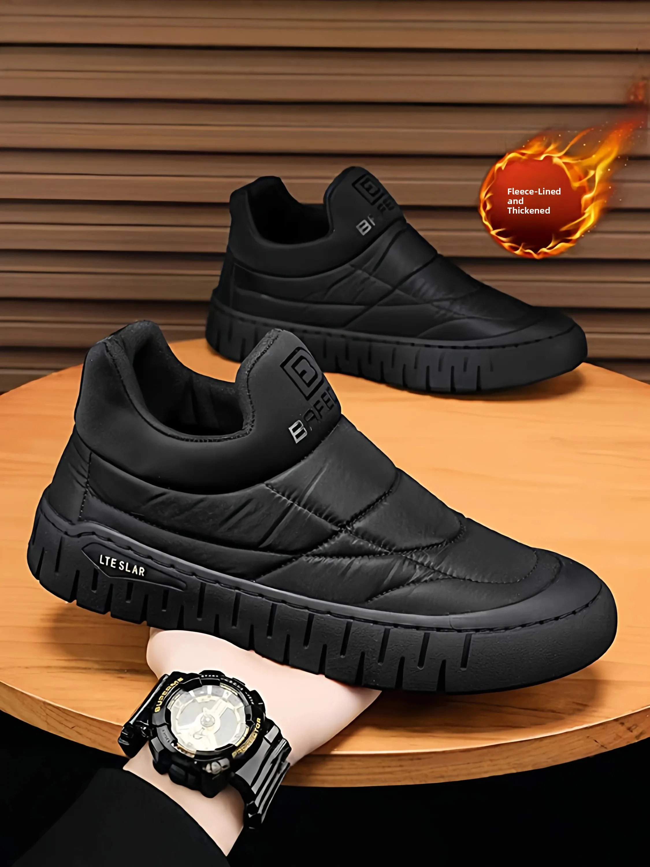 

Men's Winter Canvas Slip-On Shoes Warm Fleece Lined Driving Soft Bottom Trendy Black Beijing Cloth Shoes round Toe Rubber Sole