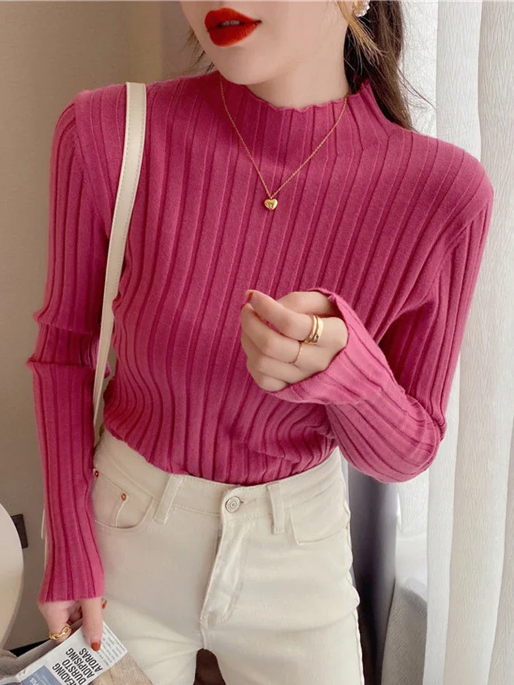 

Autumn Winter Knitted Ribbed Turtleneck Sweater Women Clothes 2024 Long Sleeve Slim Basic Pullover Woman Sweaters Solid Tops