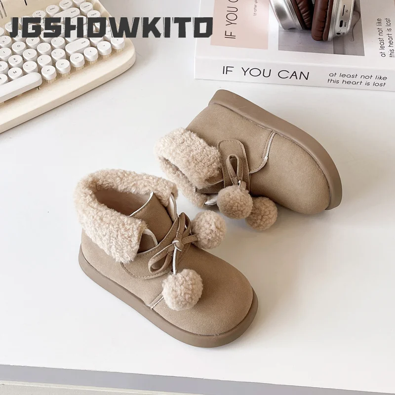 JGSHOWKITO Winter Girl's Ankle Boot Cute Elegant Soft Hairball Children's Snow Boot Warm Kids Fashion Cotton Boots Round-toe New