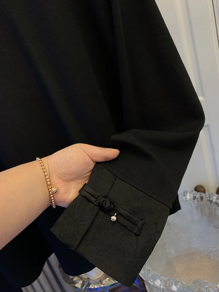 قميص نسائي فضفاض كبير الحجم 300 بو، بتطريز صيني جديد ورقعات، بأكمام طويلة، قطن نقي بلون واحد للربيع