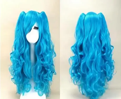 Women 70cm Long Blue Mixed Pink Wavy Braided 2 Ponytails Synthetic Party Cosplay Wig 30 Colors Available