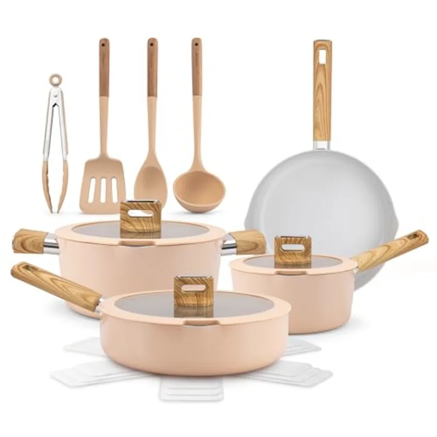 

Ceramic Cookware Set with Cooking Utensils - 14-Piece Nonstick Cookware Set with Glass Lids Compatible with All Cooktops Heat-R