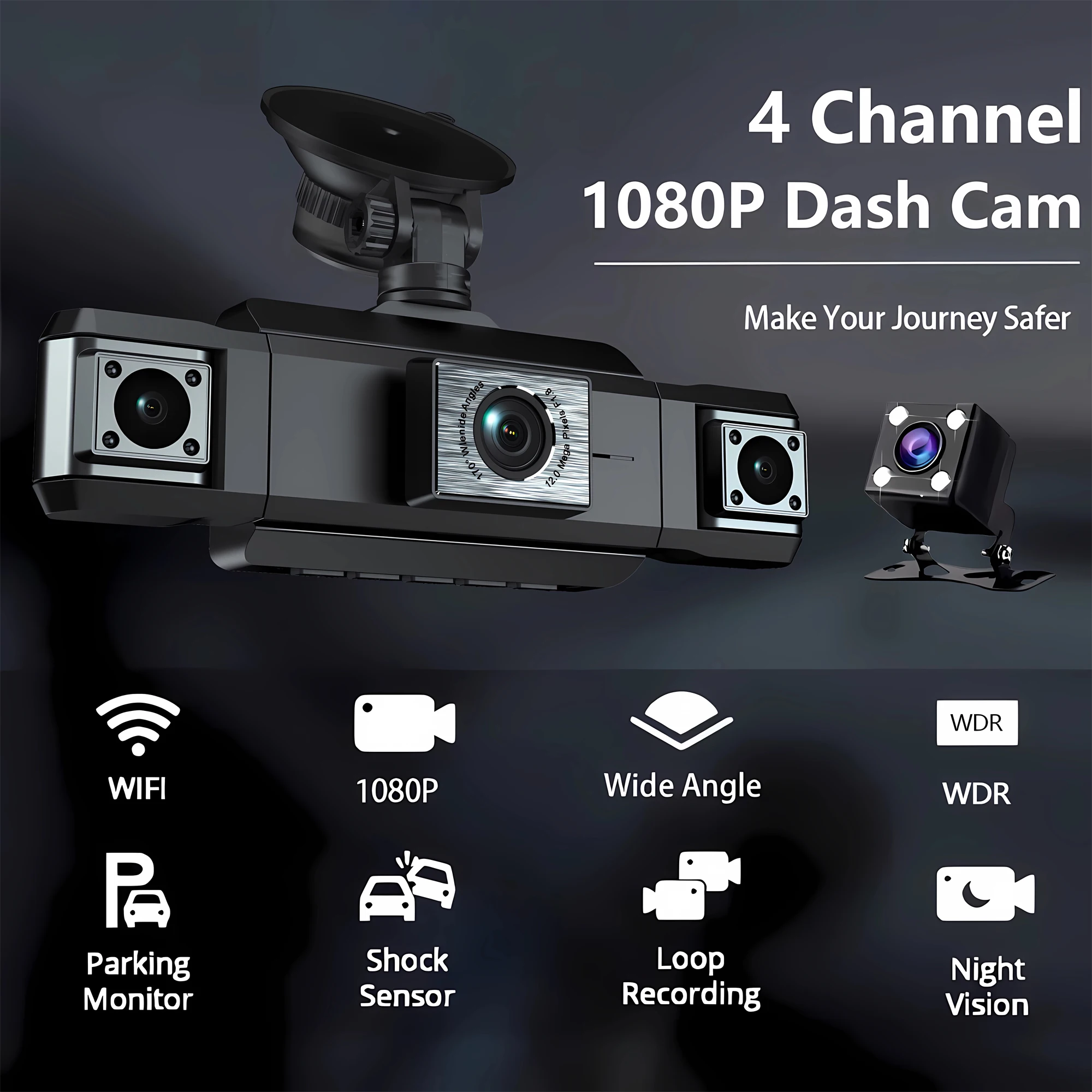 4 Channel Car DVR Full HD 1080P Wifi Dash Cam 4 Lens Dashcam Video Recorder Night Vision Black Box Cabin Camera 24H Parking