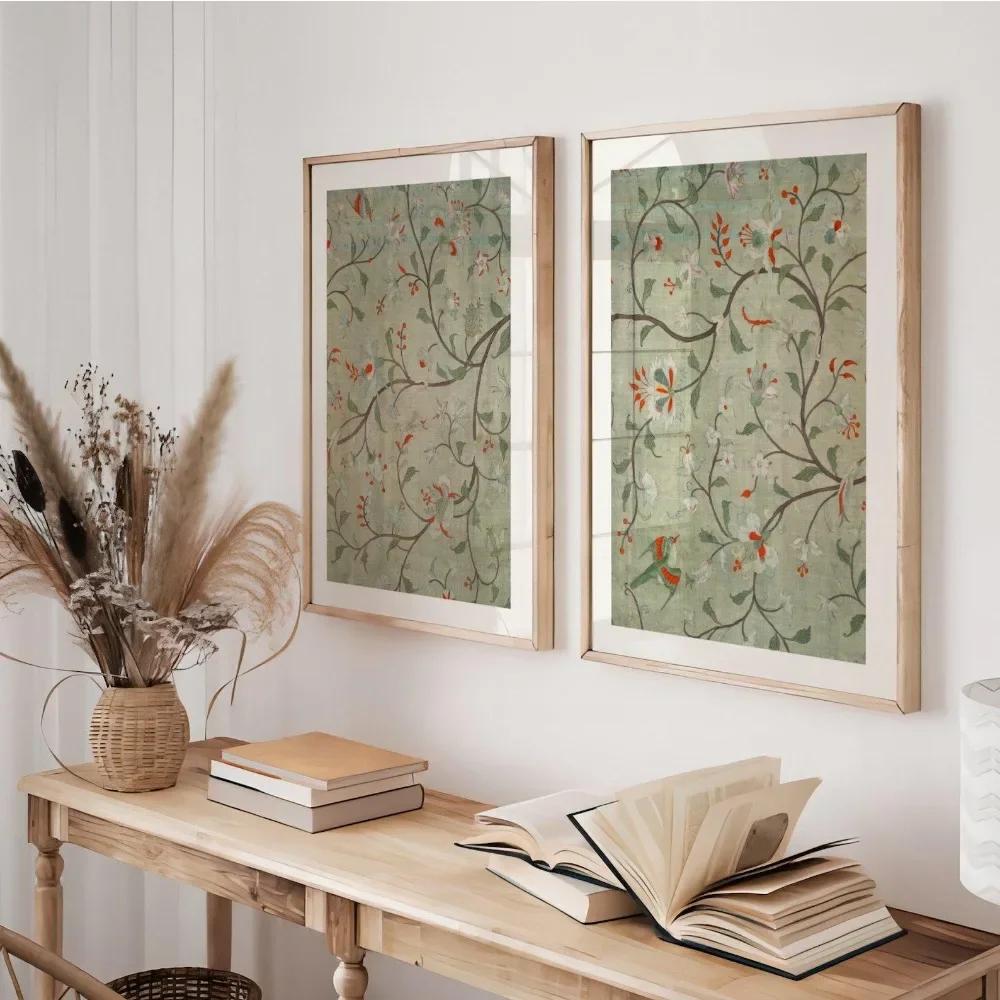 2pcs frameless Canvas Painting 2pcs Frameless Medieval Textile Prints, Antique Bird Wall Art, Green Poster Wallpaper Art, Living