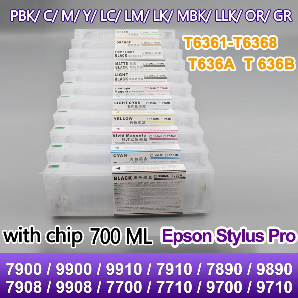 700ml T6361 Refillable Ink Cartridges with Chip For Epson Stylus Pro 7900 9900 9910 7910 7890 9890 7908 9908 7700 7710 9700 9710