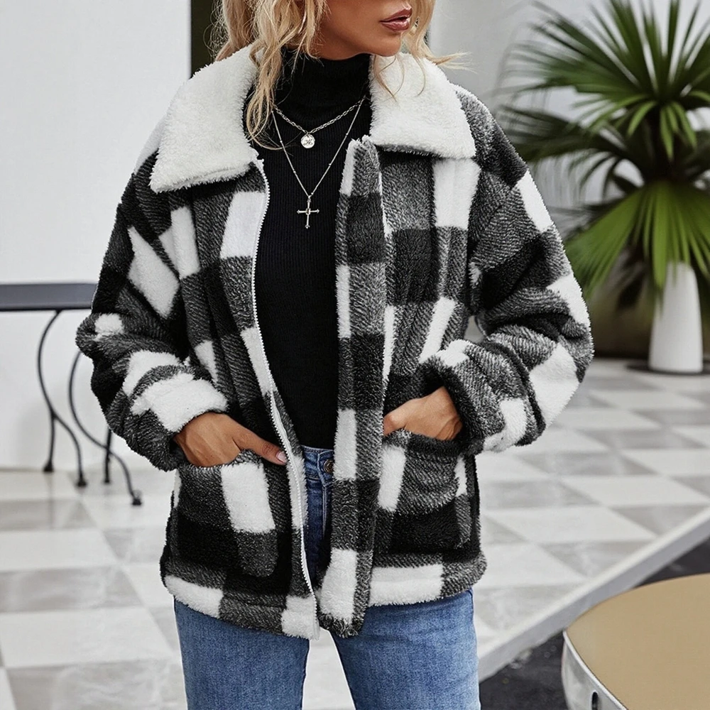 

Осенне-зимние пальто 2025. Женские удобные базовые пальто в клетку на молнии с длинными рукавами и лацканами.