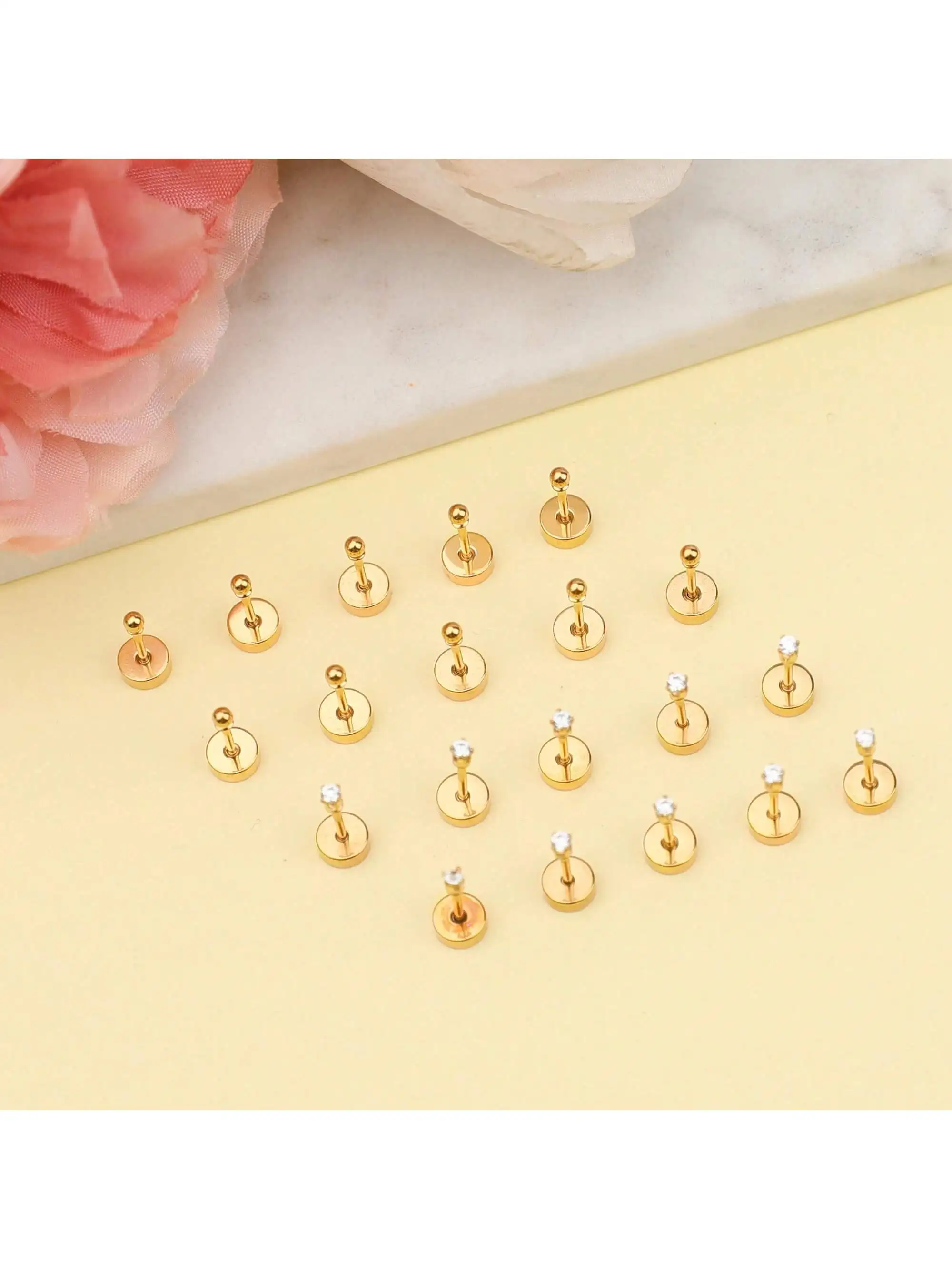 10 Pair Tiny Gold Flat Back Stud Earrings Set