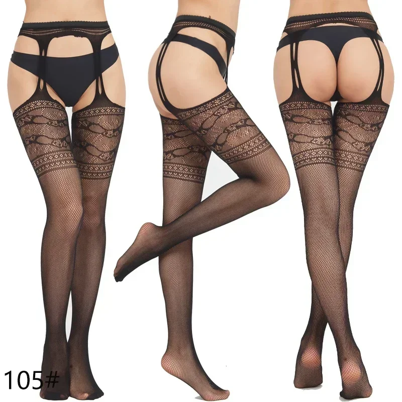 مثير النساء جوارب شبكة صيد السمك الجوارب شفافة Crotchless جوارب طويلة الفخذ العليا مطاطا التطريز تخزين مع حزام الرباط #2