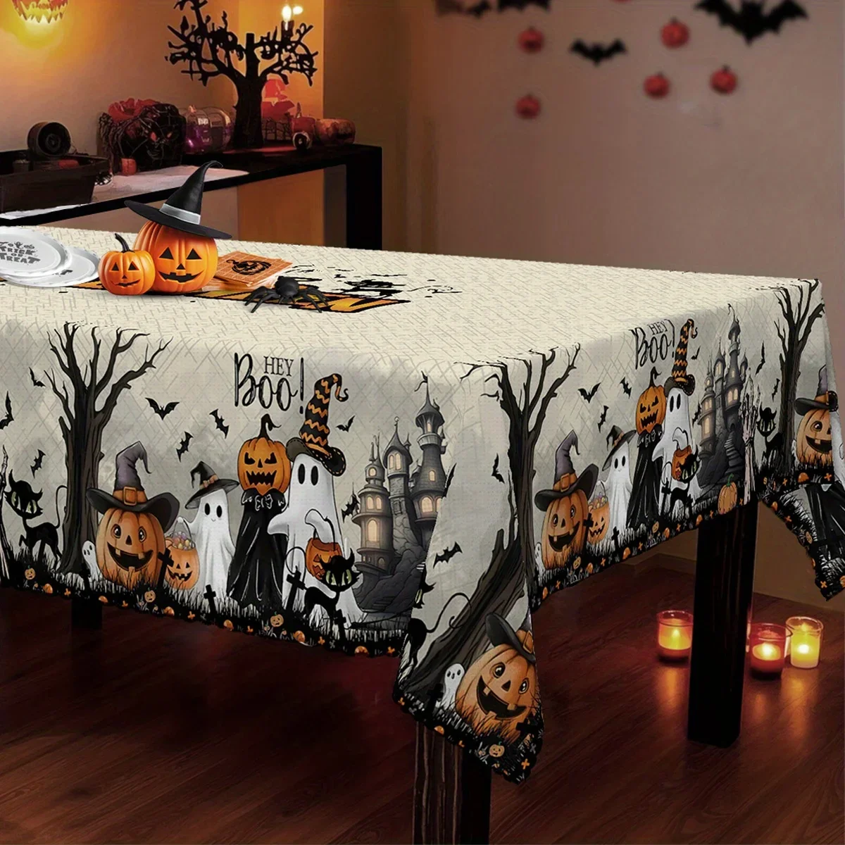 Halloween tablecloth, designed in Gothic-Victorian style, featuring patterns of terrifying bats, ghosts and haunted houses.xzj