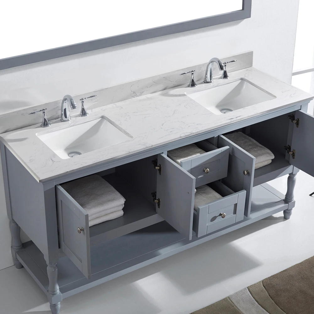 One Piece Big Mirror Shake Light Grey Bathroom Vanity With Marble Counter