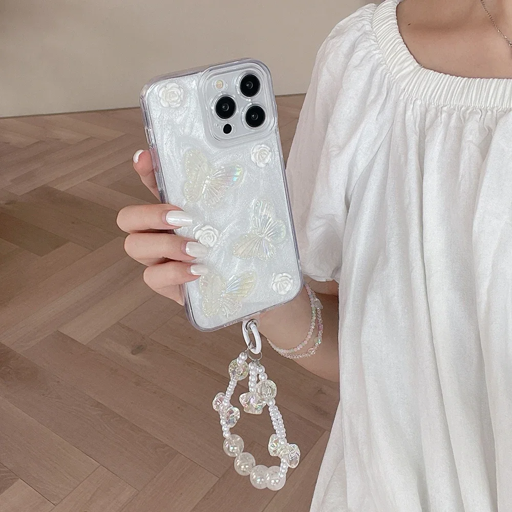 Qianliyao-funda de teléfono con pulsera de mariposa 3D para iPhone, carcasa trasera de TPU suave a prueba de golpes para iPhone 16, 15, 14, 13, 12,