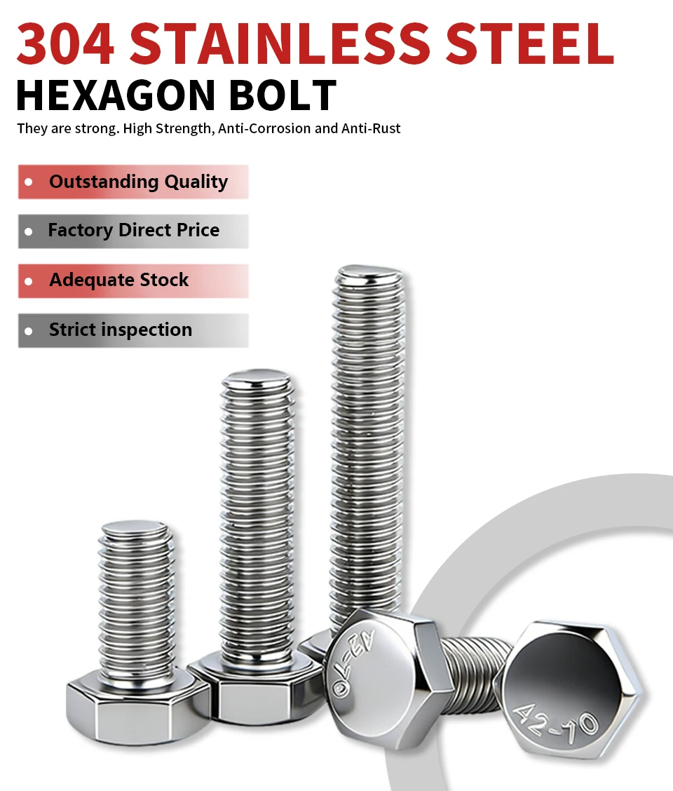 304 Edelstahl A2-70 DIN933 Sechskantschrauben mit Vollgewinde, metrische Befestigungselemente M3 M4 M5 M6 M8 M10 M12 – Detail 1