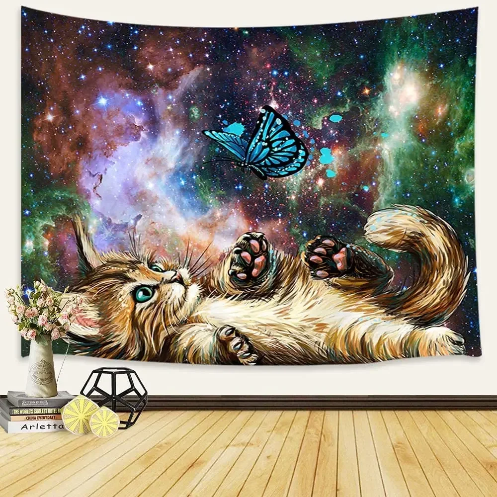 Cat Tapestry Hippie Cute Cat Strry Night Tapestry Fantasy Kitten Playing with Butterfly Nebula Galaxy Artwork Milky Way Space