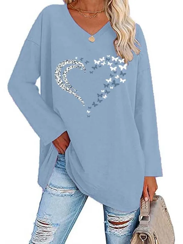 Cseta Hoada Informal de Manga Larga para Mujer, Otoño Invierno, Moda, Cuello en V, Estampado de Corazón, Talla ande, R...