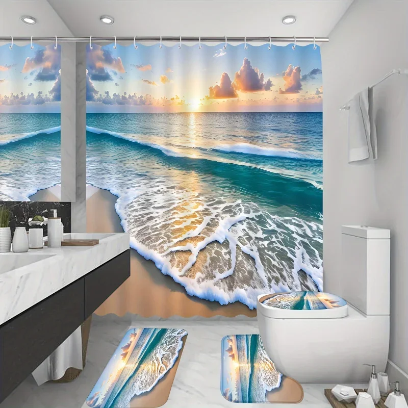 4PCs Sunset Beach pattern shower curtain set, waterproof shower curtain with 12 hooks, non-slip bathroom rug, toilet U-shape