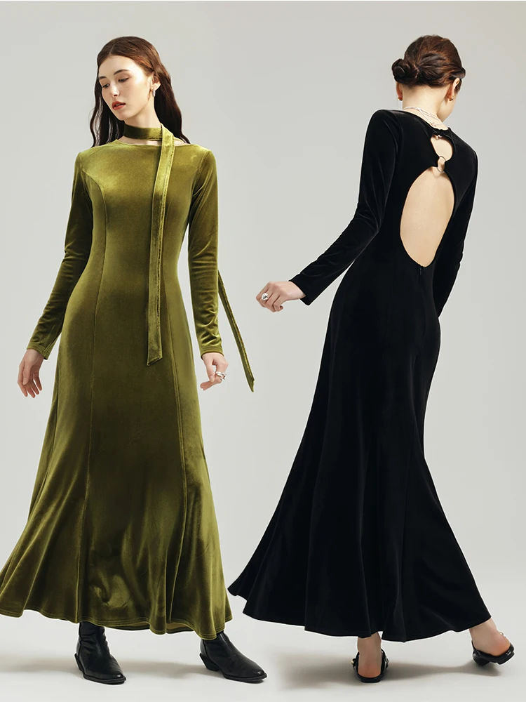 

Renee Hoo Ele Velvet Dr Bal Hollow out Design Women's Fi Tail Skirt Long Sve Autumn Winter New Arrival