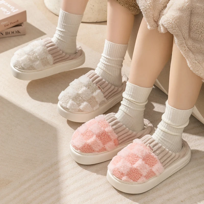 Women Slippers Winter Home Warm Thick Soft Sole Retro Checkerboard Bedroom Non-slip Comfortable Concise Cotton Shoes Couple