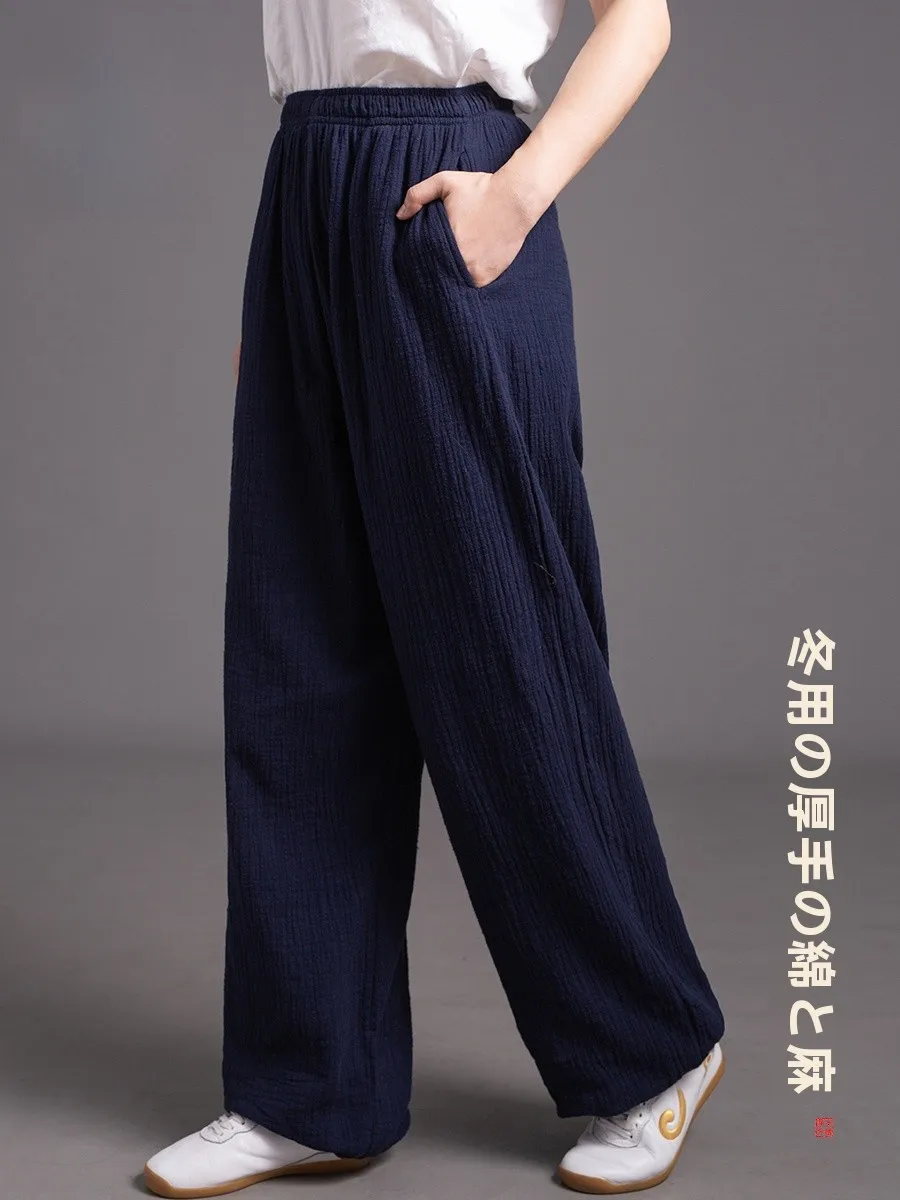 ハイエンドブランド太極拳パンツ綿麻二重層武道練習パンツ女性スタイルランタンパンツ冬のスポーツウェア