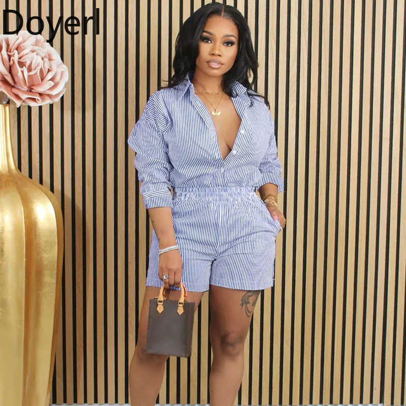 

Doyerl Striped Casual Outfits Woman Two Piece Set Autumn Spring Long Sleve Shirt Top and Shorts Matching Sets Outfits Ensemble
