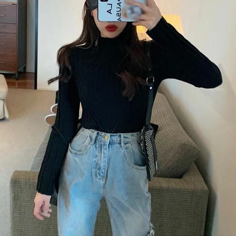 Minimalist Basic half High Neck Knitted Women's Base Sweater Autumn Winter Korean Slim Fit Solid Color lady Pullover Sweater 237