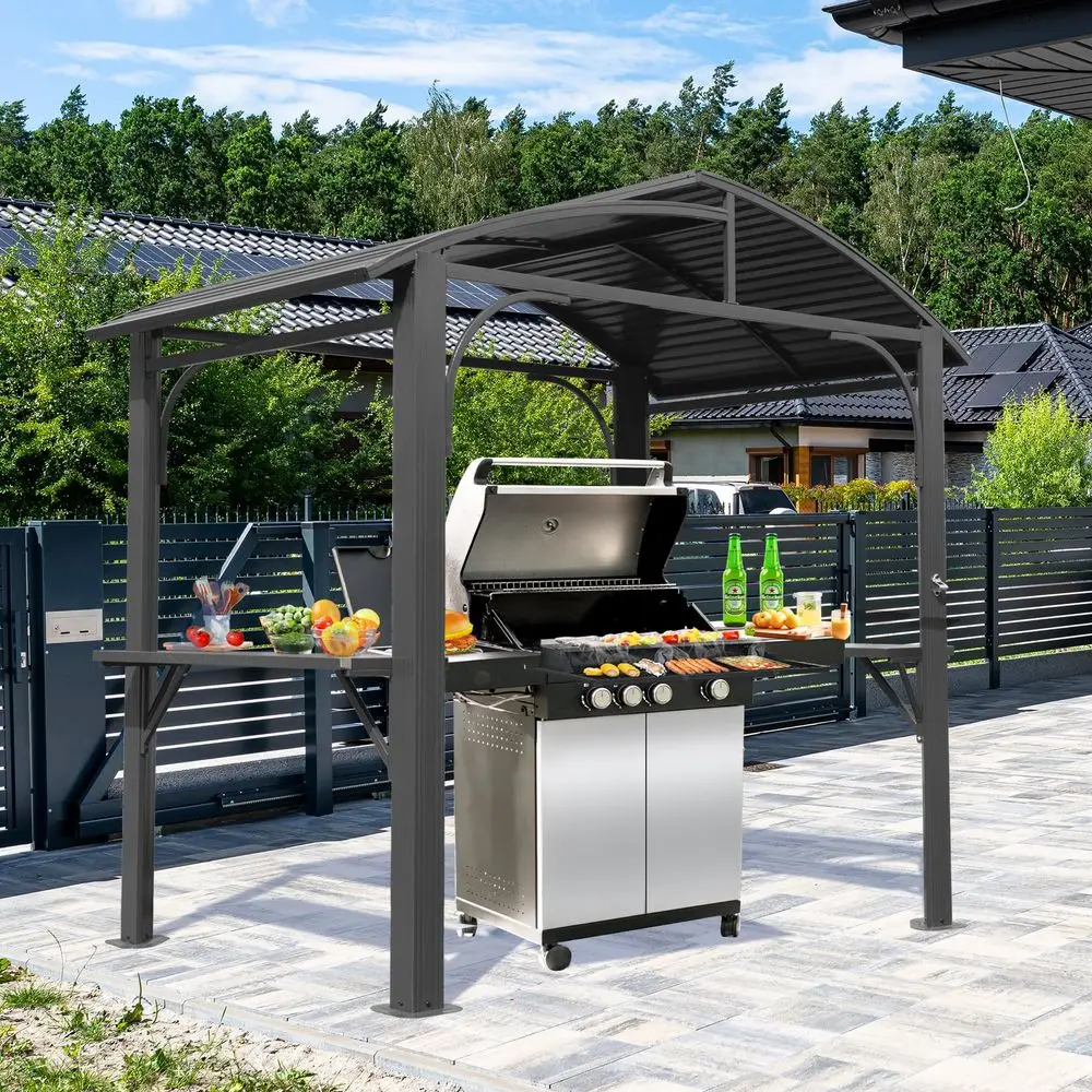 Hardtop Grill Gazebo, AllWeather Outdoor Gazebo with 2 Side Shelves and Bottle Opener, Galvanized Steel Double ARC Roof, Outdoor