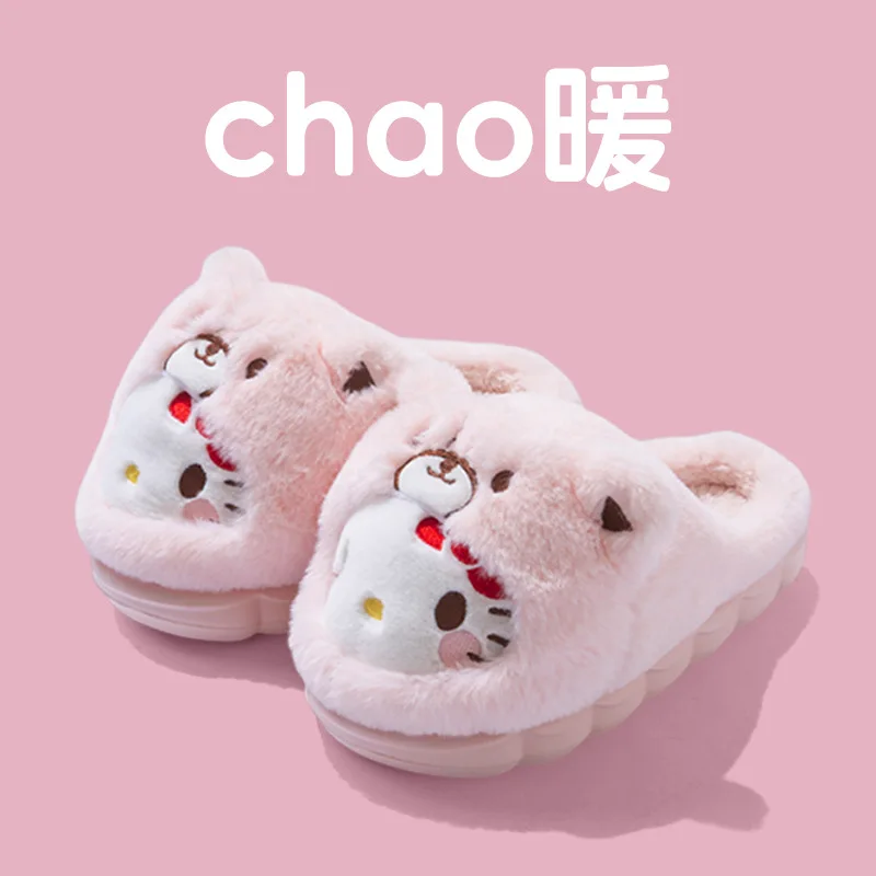 Cartoon Hello Kitty Women's Plush Slippers Warm New Cinnamoroll Pompompurin Kuromi Sanrioed Anime Winter Thicken Home Slippers view 5