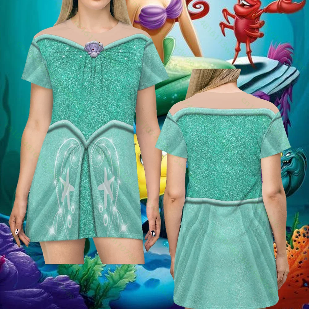 New Arrivals Women Mermaid Costume T Shirt Dress 3D Glitter Scale Print Halloween Princess Cosplay Mini Tee Dress Cosplay Dress