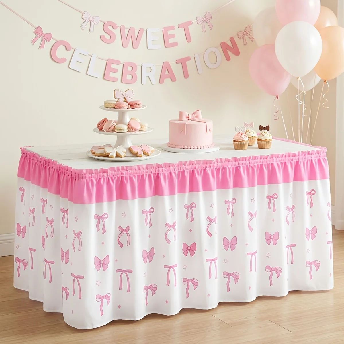 2 pieces, tablecloth with ring theme and table skirt, table edge skirt with light pink elastic ring design