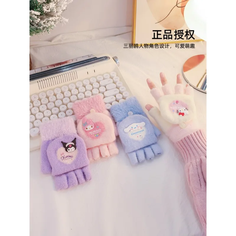 New Sanrio Winter Women Knitted Gloves Hello Kitty Kawaii Cute Girly Heart Outdoor Cold-proof Flip-top Gloves Kuromi My Melody