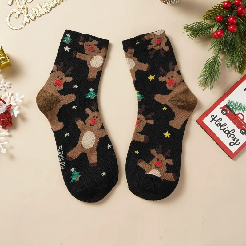 Lot de 4 paires de chaussettes de Noël en coton, confortables, décontractées, respirantes, mi-mollet, dessin animé amusant, cadeau chaud pour femme