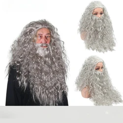 Halloween Mens Wizard cosplay wig grey hair wig and beard Dumbledore Gandalf role play Grey hair Wizard costumes