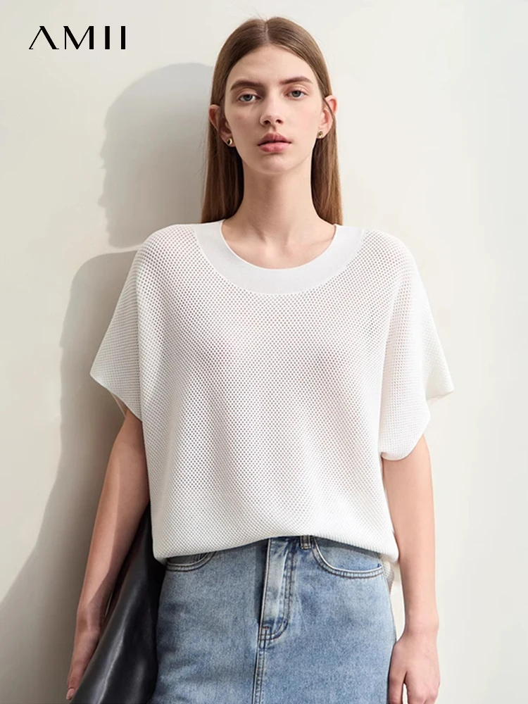 AMII Minimalism 2024 Knit Sweater For Women Summer New Casual Lazy Round Neck Hollow Wool Loose Streetwear Chic Tops 12442024