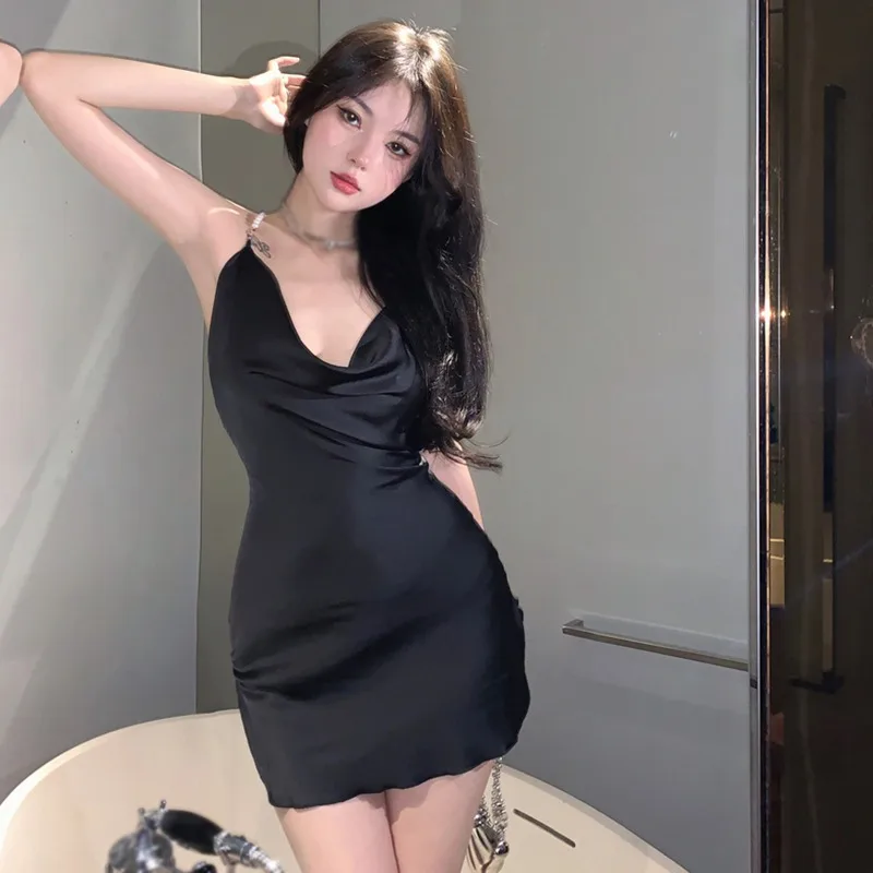 

Korean Style Summer Cross Backless Sexy Fashion Satin Sling Dress Solid Color Elegant Dress