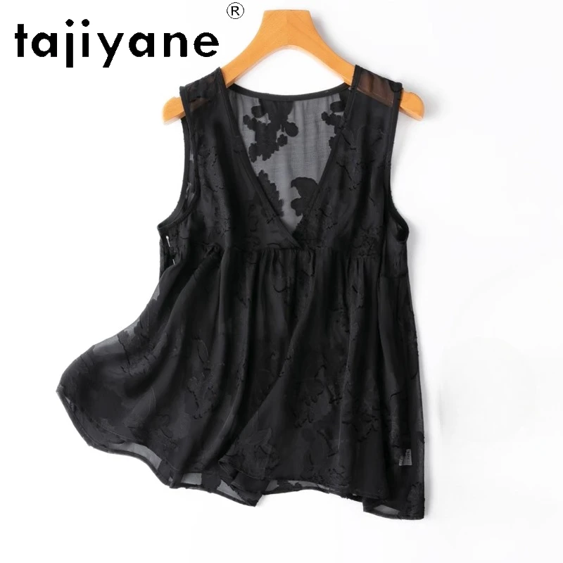 TAJIYANE 100% Mulberry Silk Tank Tops Woman 2025 Old Money Style Black V-neck Vest Loose Summer Top Ladies Clothes кроп топ