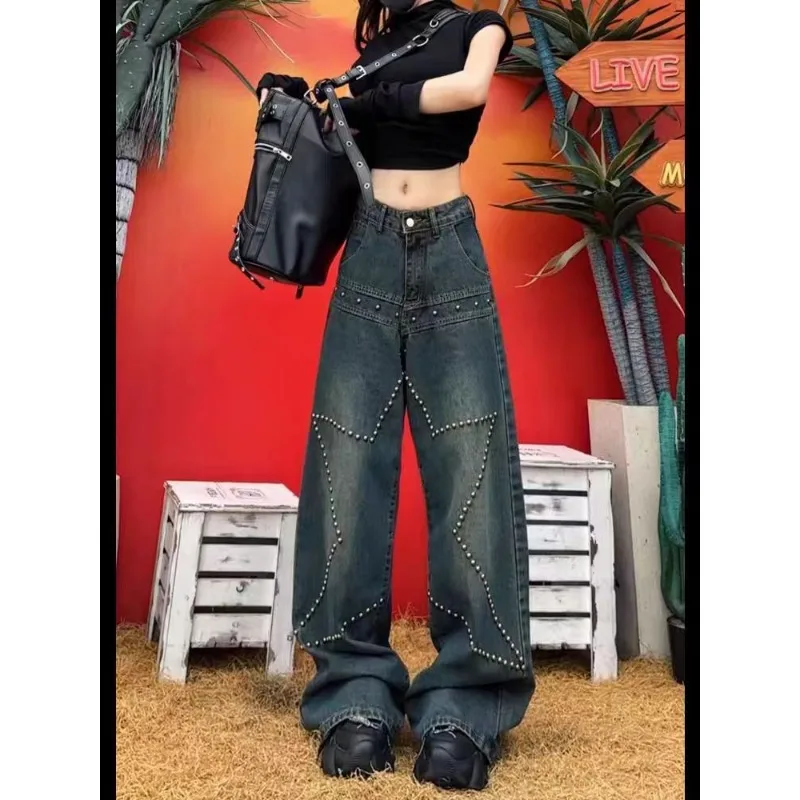 Heavy Rivet Straight Jeans Female Fashion Design Sense Niche Spice Girl Loose Slim Wide-leg Vaqueros American Retro Denim Pants