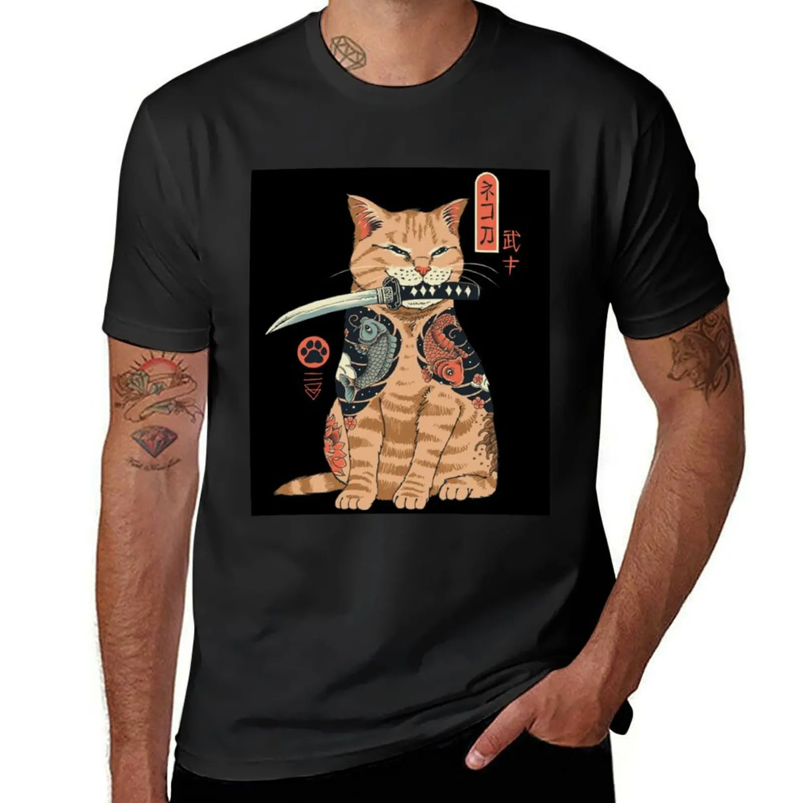 Katana cat vintage T-Shirt plus size tops customs design your own plain summer top plain white t shirts men