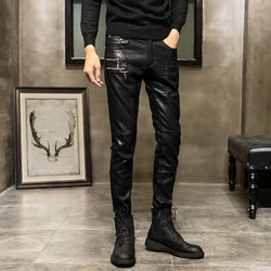 2025 Spring Leather Pants Men's Slim Fashion Zipper PU Riding Leather Pant Korean Fashion Motorcycle Wind Proof Warm Tight Pants